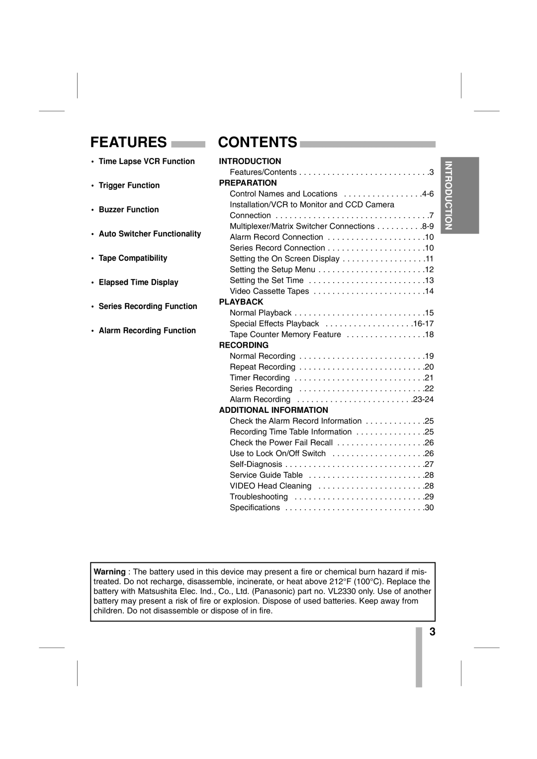 CBC CTR-030NC-2 manual Features, Contents 