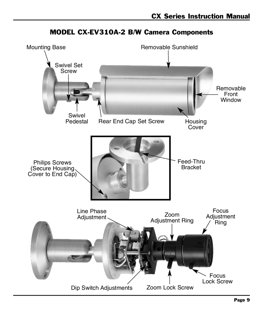 CBC CX Series manual Model CX-EV310A-2 B/W Camera Components, Adjustment Ring Focus Lock Screw Dip Switch Adjustments 