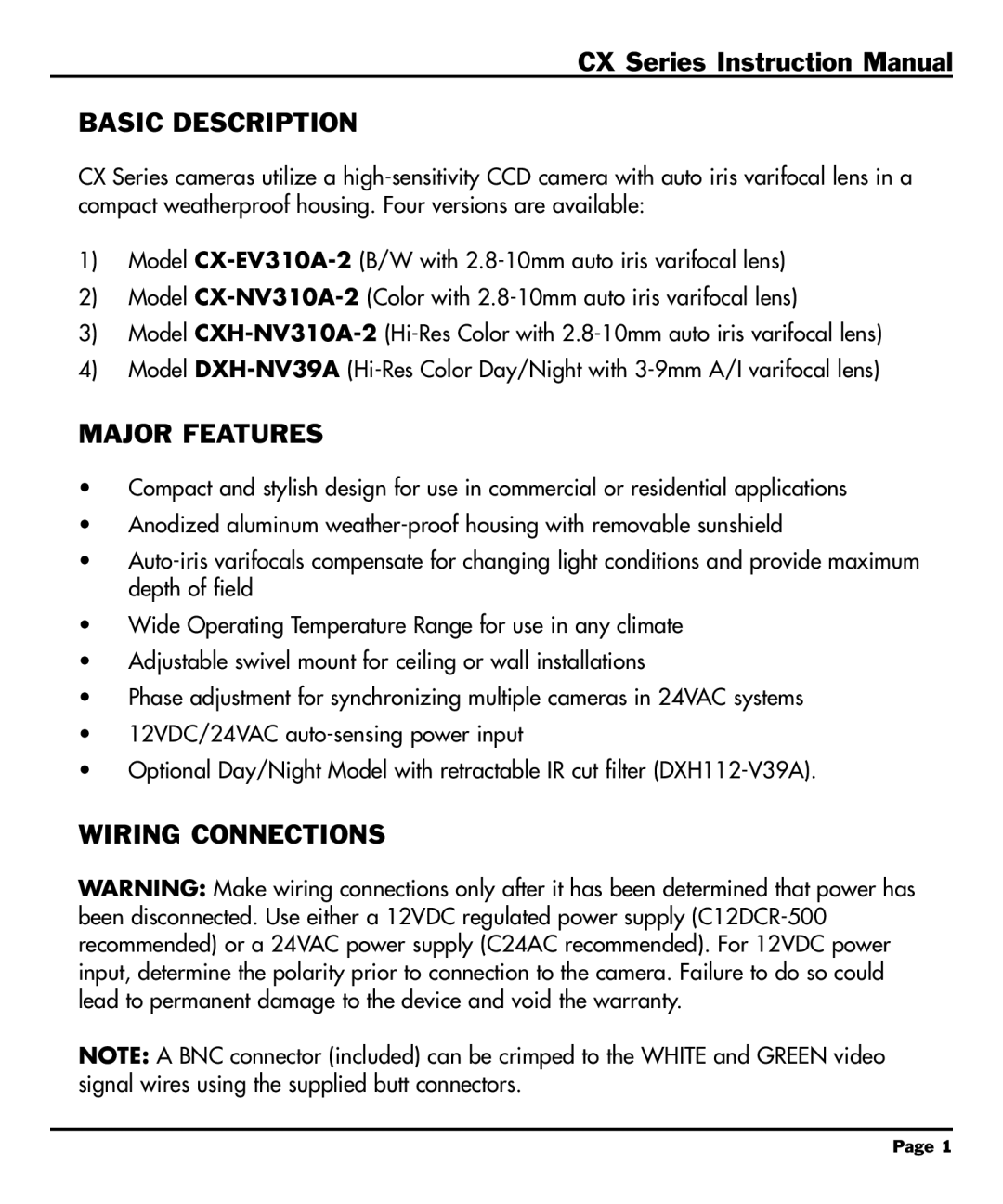 CBC CX Series manual Basic Description, Major Features, Wiring Connections 