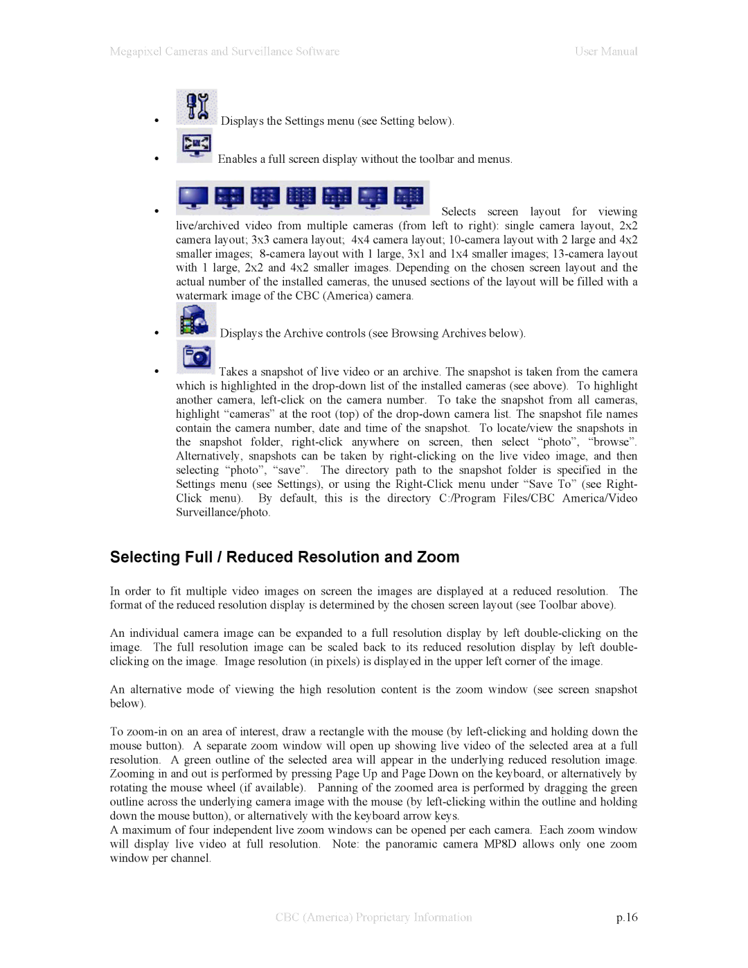 CBC Megapixel Camera manual Selecting Full / Reduced Resolution and Zoom 