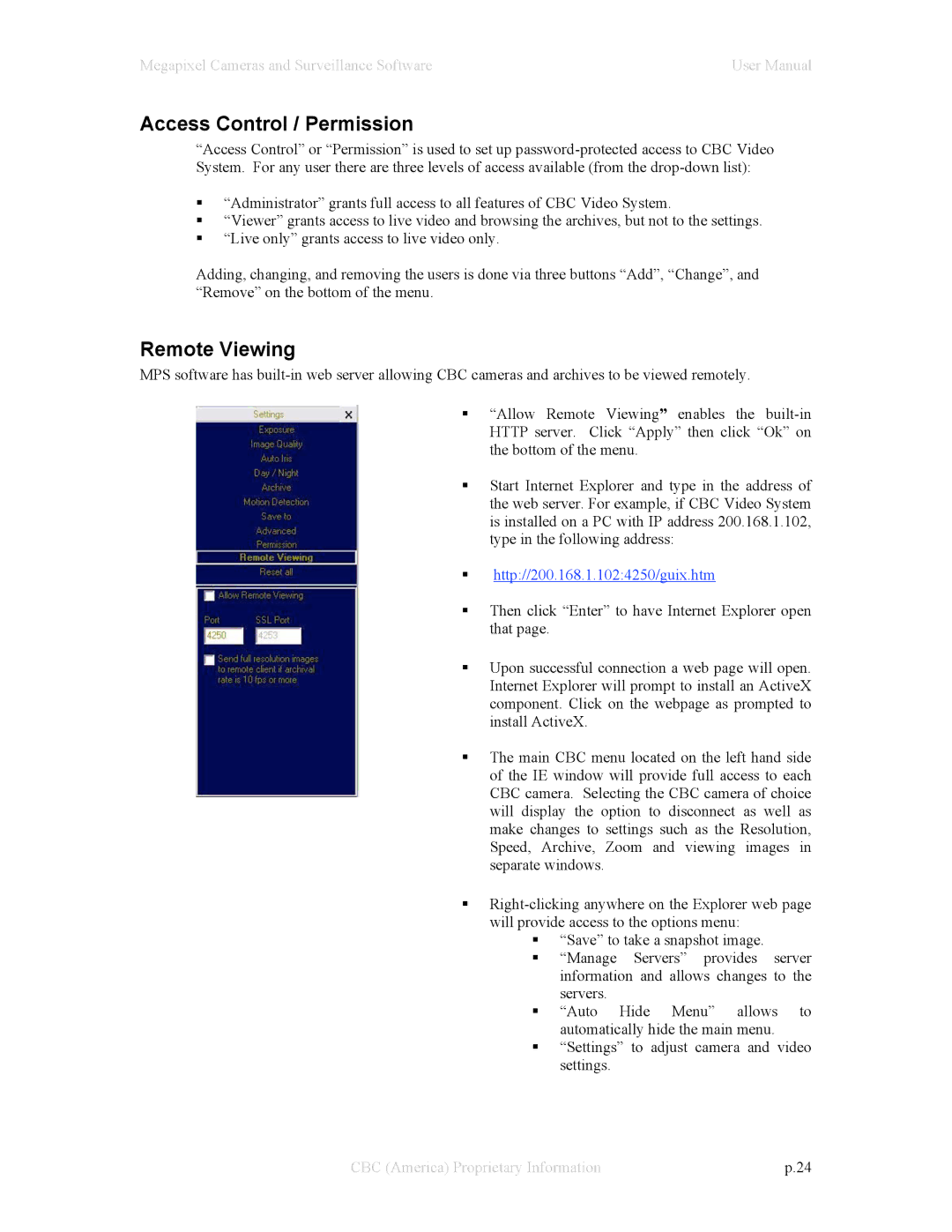 CBC Megapixel Camera manual Access Control / Permission, Remote Viewing 