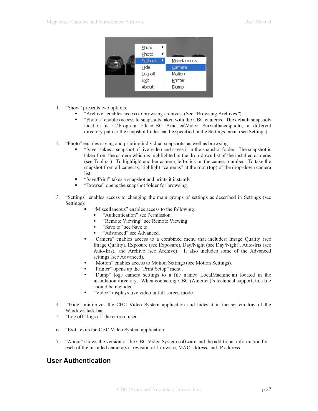 CBC Megapixel Camera manual User Authentication 