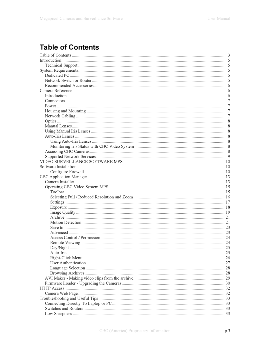 CBC Megapixel Camera manual Table of Contents 