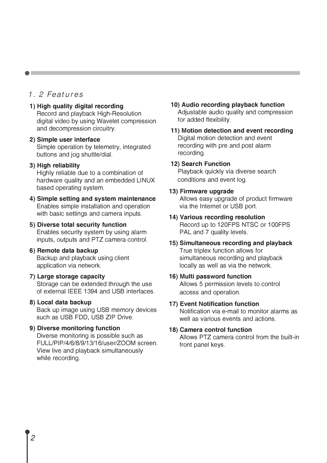 CBC ZR-DH1621NP manual Features 