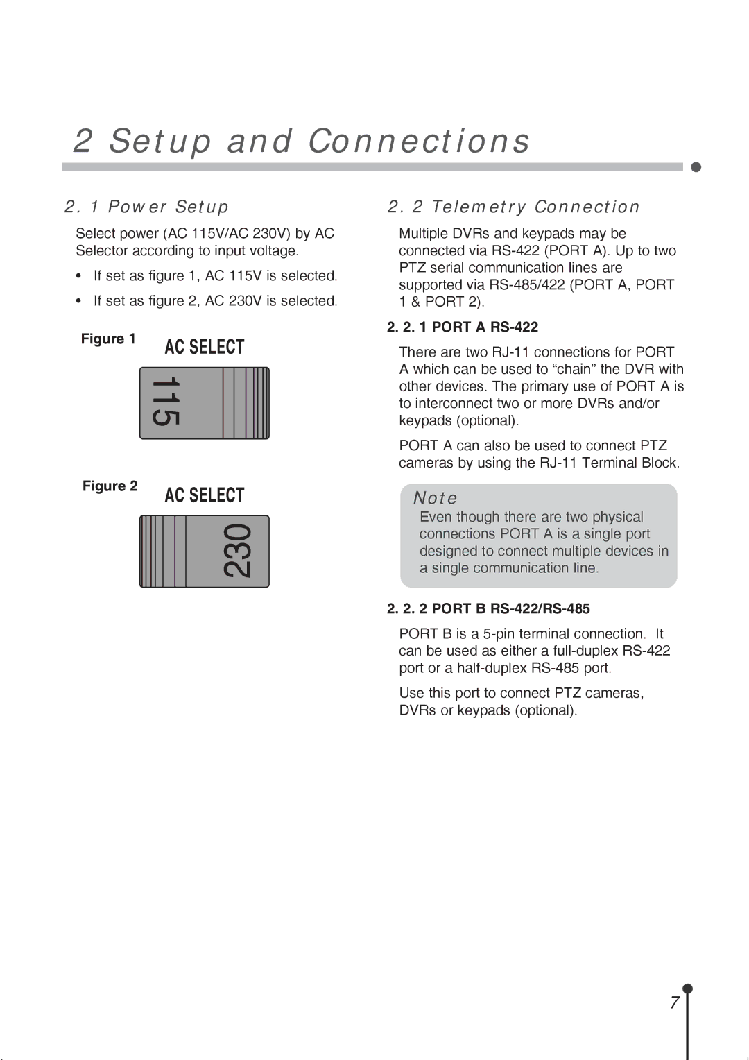 CBC ZR-DH1621NP manual Setup and Connections, Power Setup, Telemetry Connection 