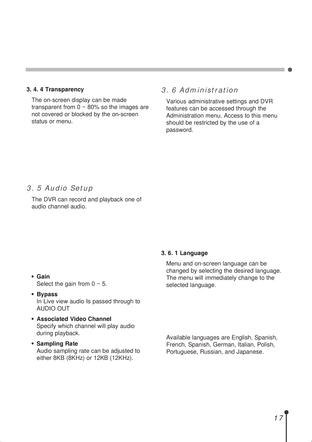 CBC ZR-DH1621NP manual Audio Setup, Administration 