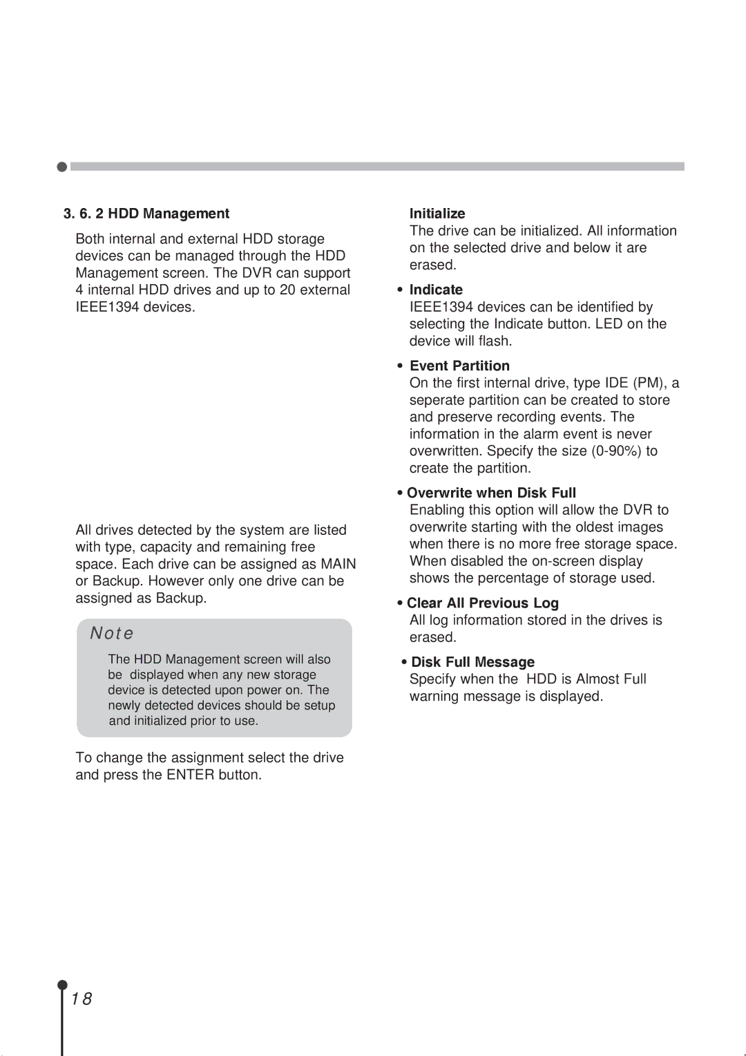 CBC ZR-DH1621NP HDD Management, Initialize, Indicate, Event Partition, Overwrite when Disk Full, Clear All Previous Log 