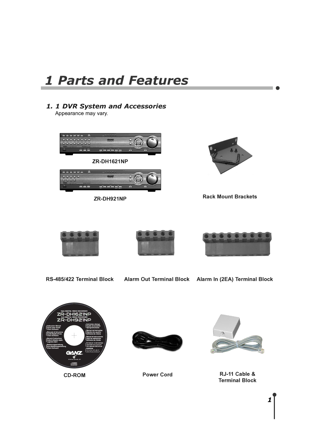 CBC ZR-DH921NP manual Parts and Features, DVR System and Accessories 