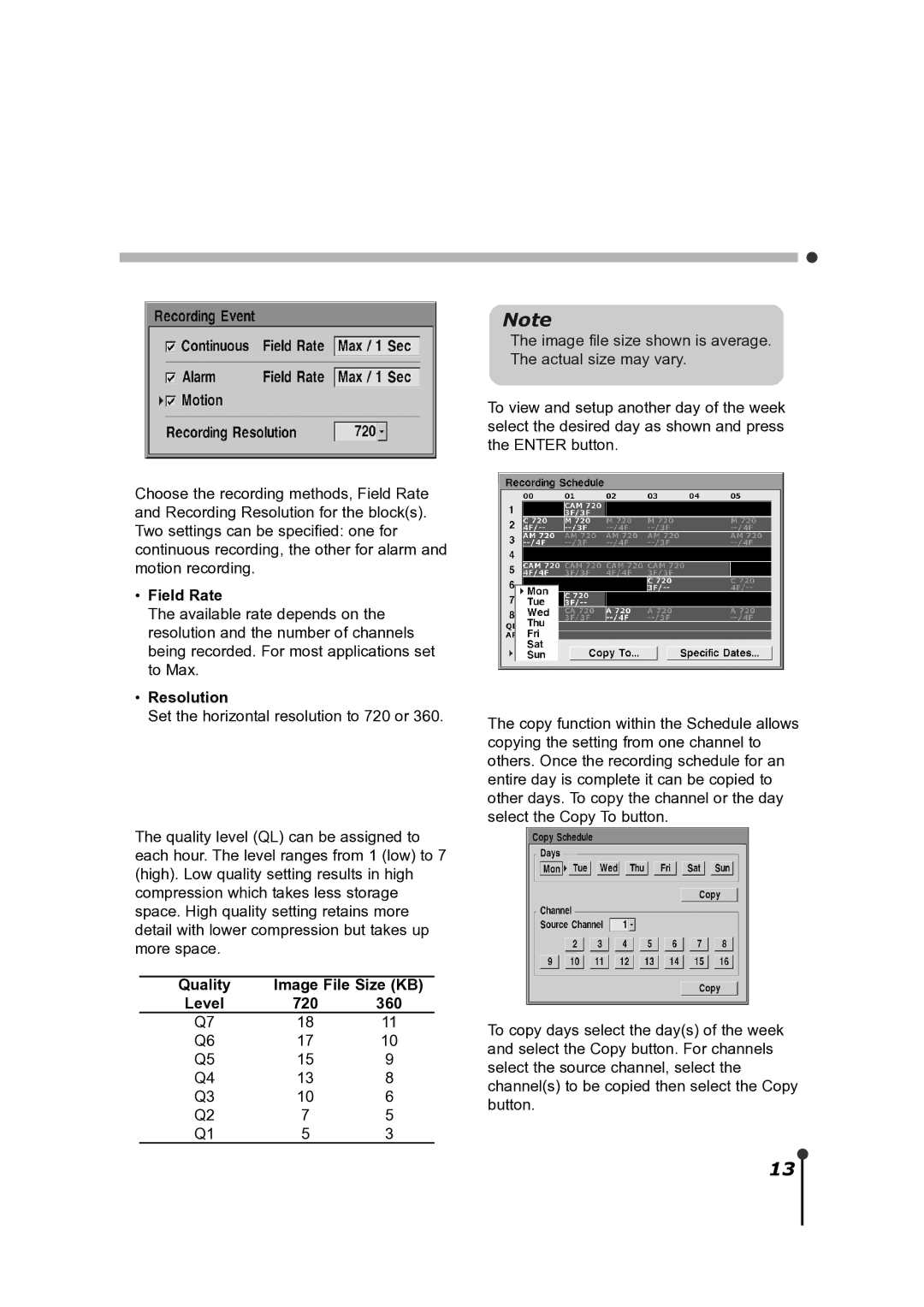 CBC ZR-DH921NP manual Field Rate, Resolution, Quality Image File Size KB, 720 360 