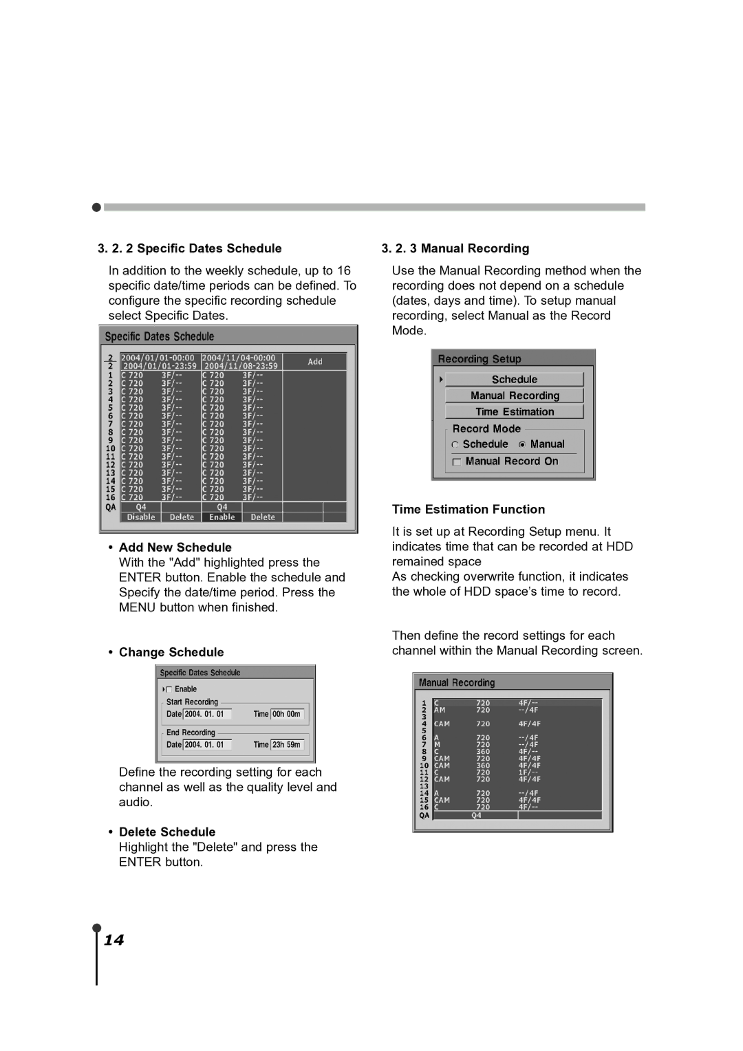 CBC ZR-DH921NP manual Specific Dates Schedule, Add New Schedule, Change Schedule, Delete Schedule, Manual Recording 