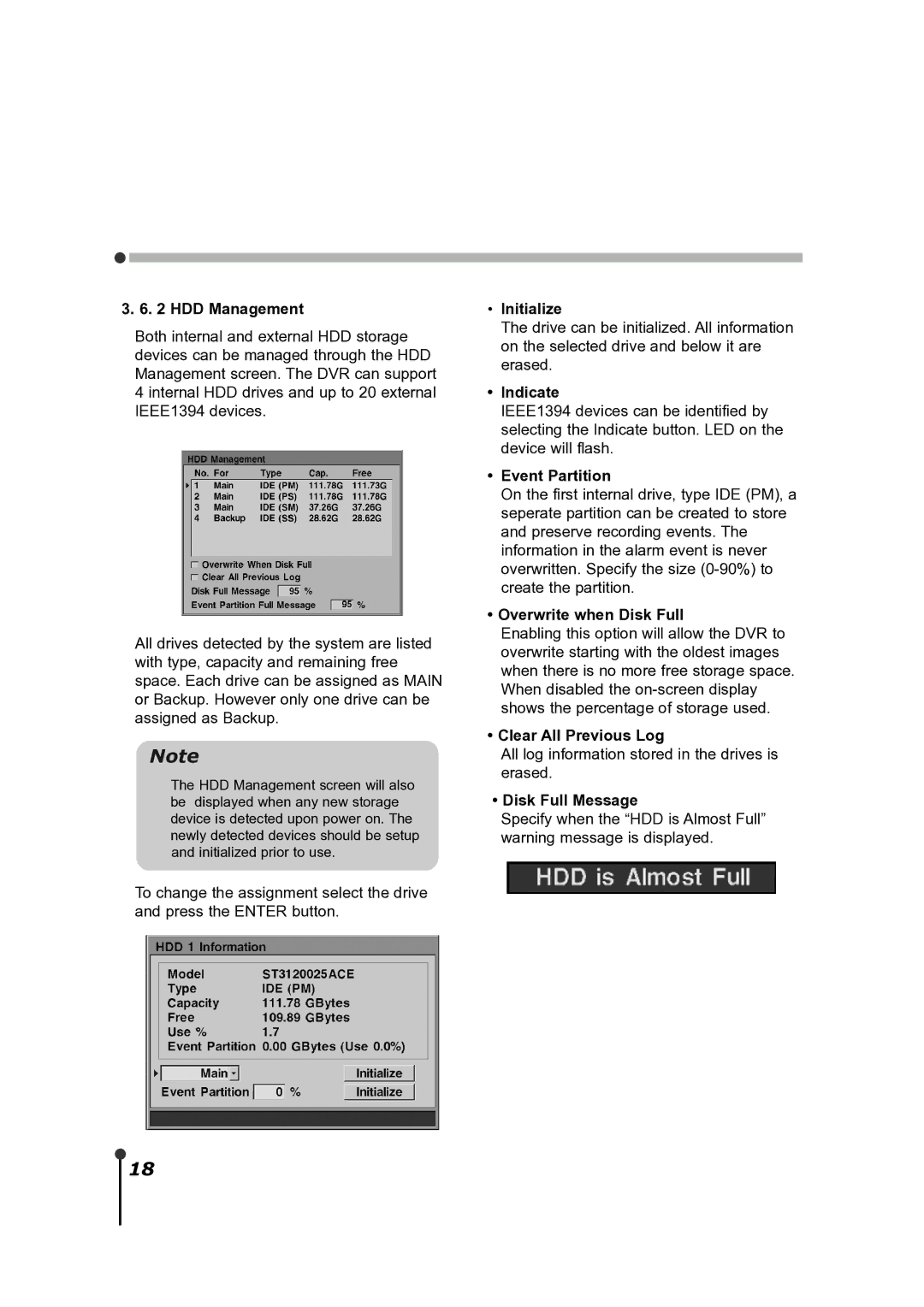 CBC ZR-DH921NP HDD Management, Initialize, Indicate, Event Partition, Overwrite when Disk Full, Clear All Previous Log 