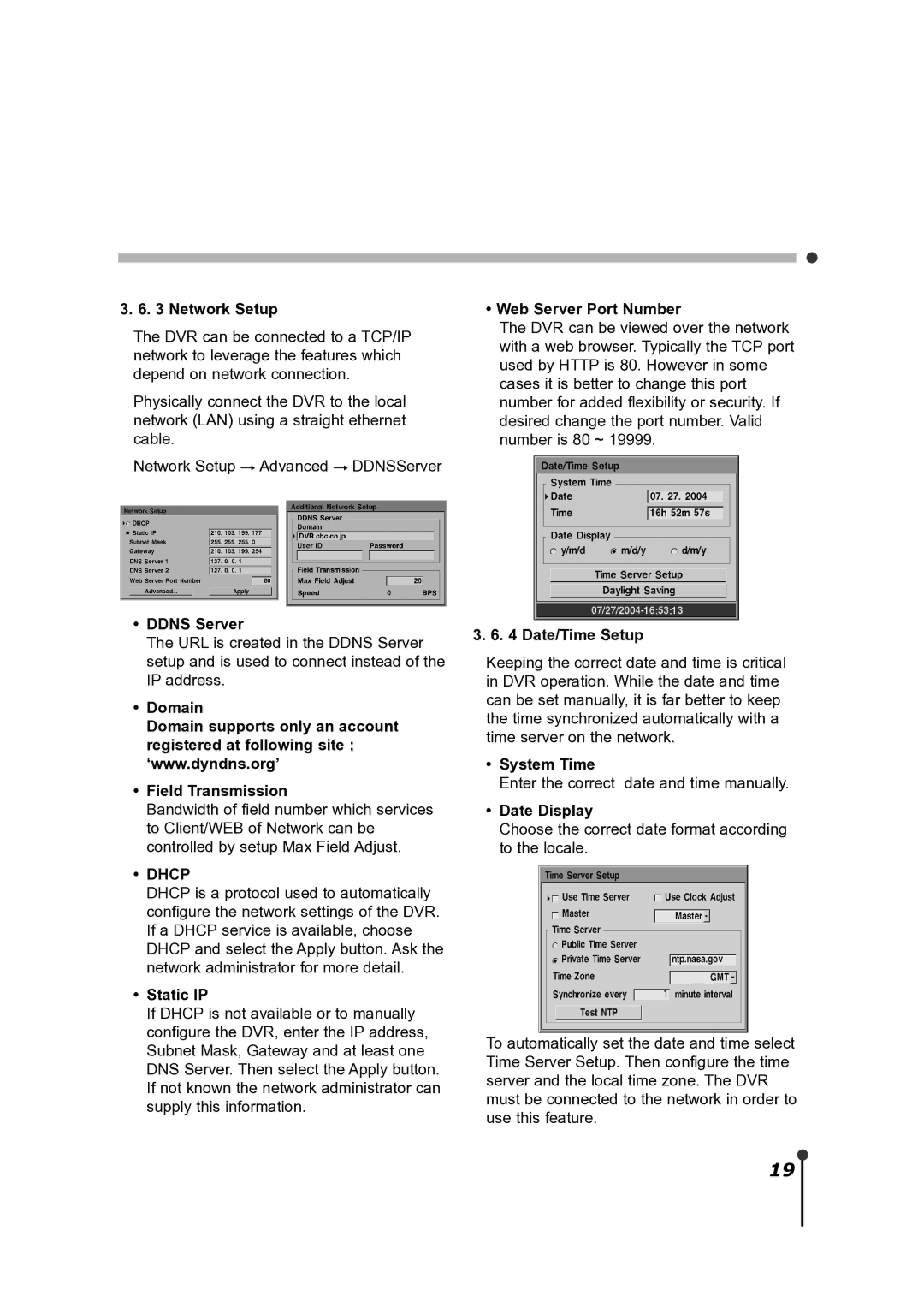 CBC ZR-DH921NP Network Setup, Ddns Server, Domain Field Transmission, Static IP, Web Server Port Number, Date/Time Setup 