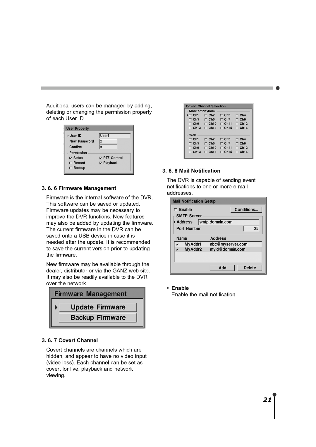 CBC ZR-DH921NP manual Firmware Management, Covert Channel, Mail Notification, Enable 