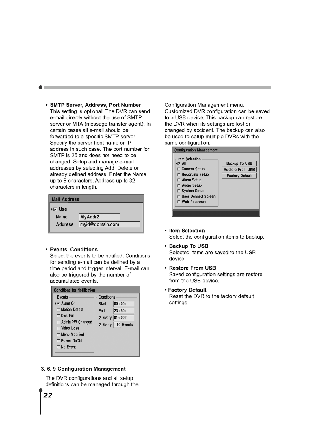 CBC ZR-DH921NP manual Events, Conditions, Configuration Management, Item Selection, Backup To USB, Restore From USB 