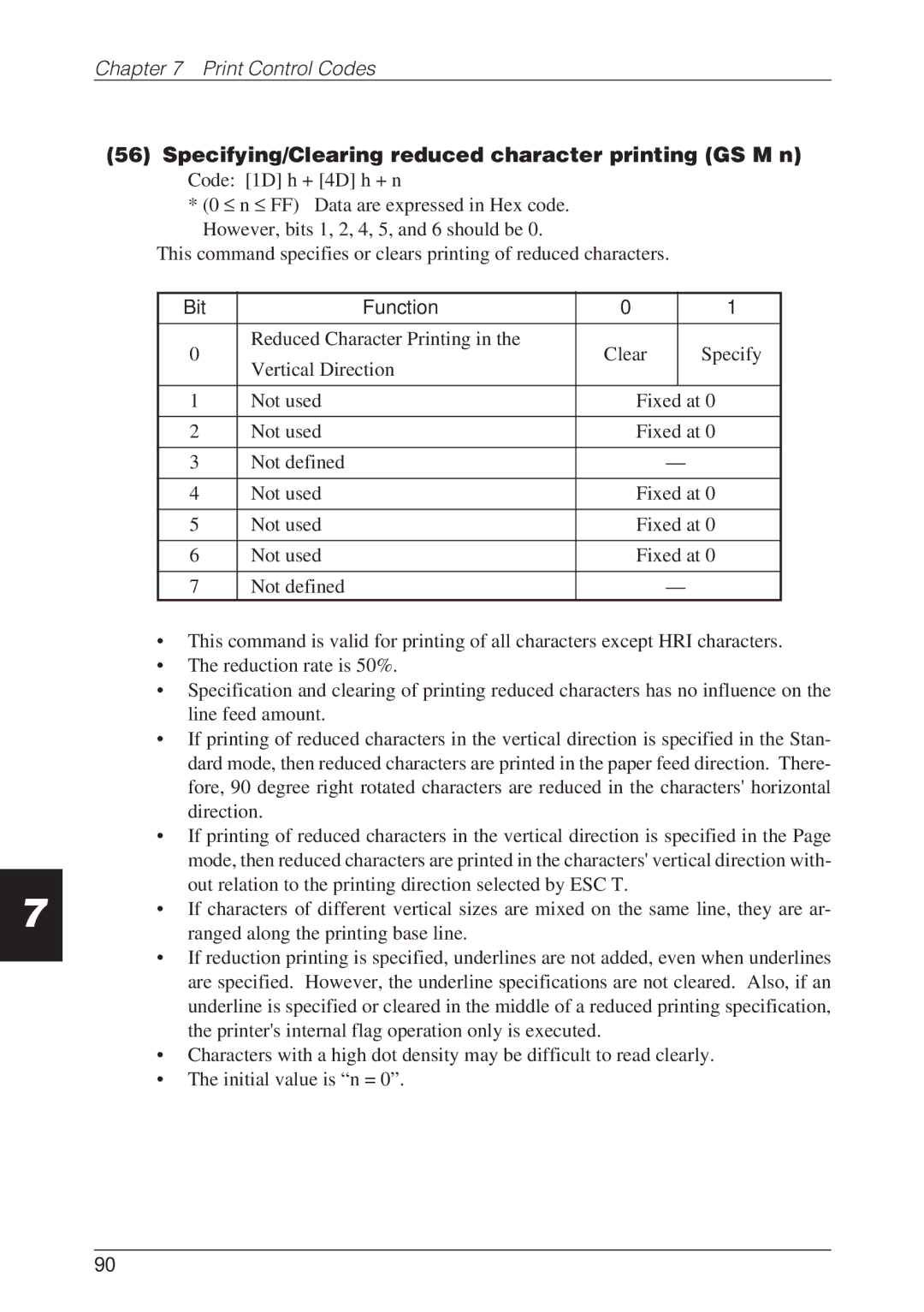 CBM America CBM-262 user manual Specifying/Clearing reduced character printing GS M n, Bit Function 