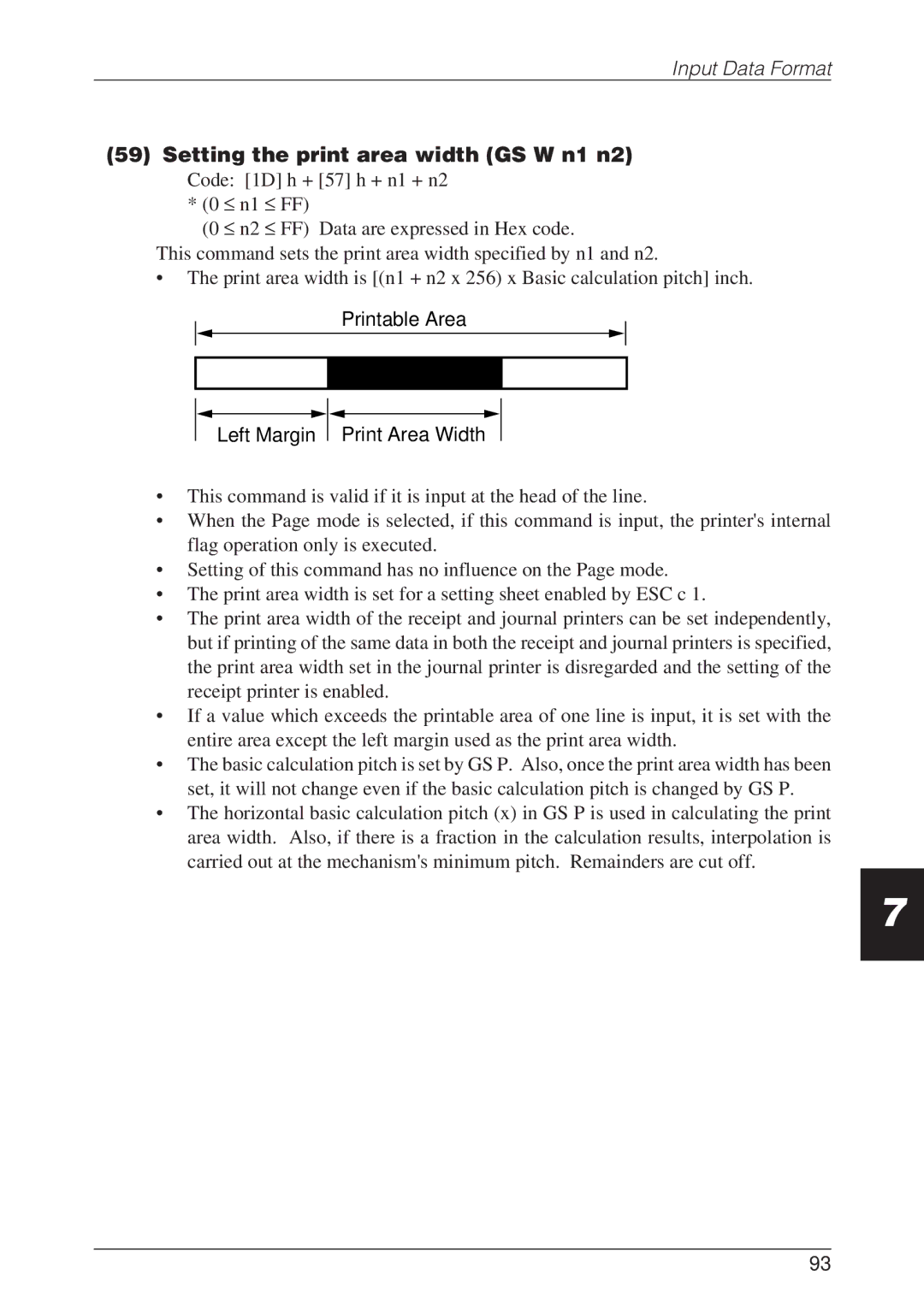 CBM America CBM-262 user manual Setting the print area width GS W n1 n2, Printable Area Left Margin Print Area Width 