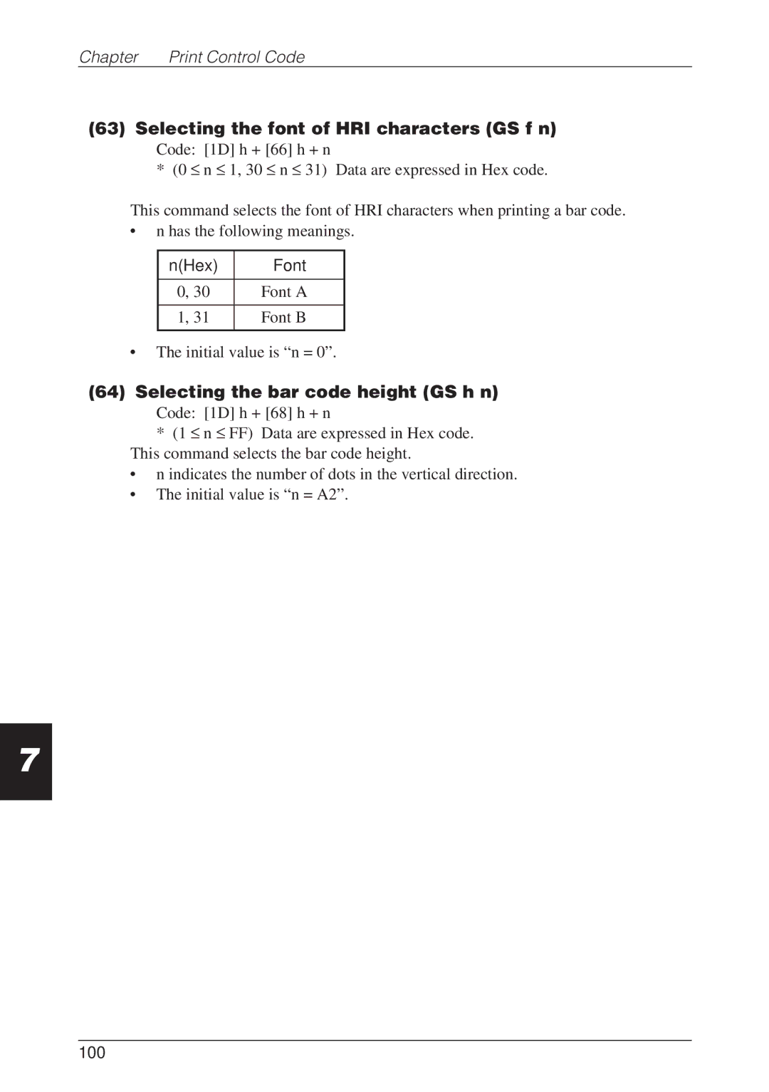 CBM America CBM-262 Selecting the font of HRI characters GS f n, Selecting the bar code height GS h n, NHex Font, 100 