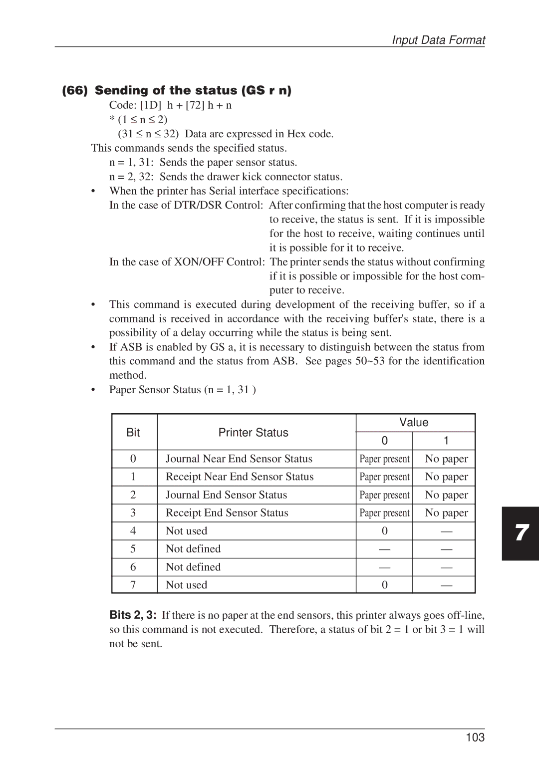 CBM America CBM-262 user manual Sending of the status GS r n, Bit Printer Status Value, 103 