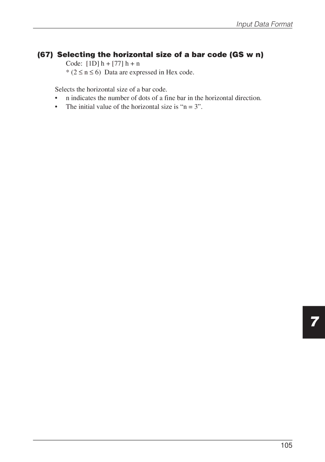 CBM America CBM-262 user manual Selecting the horizontal size of a bar code GS w n, 105 