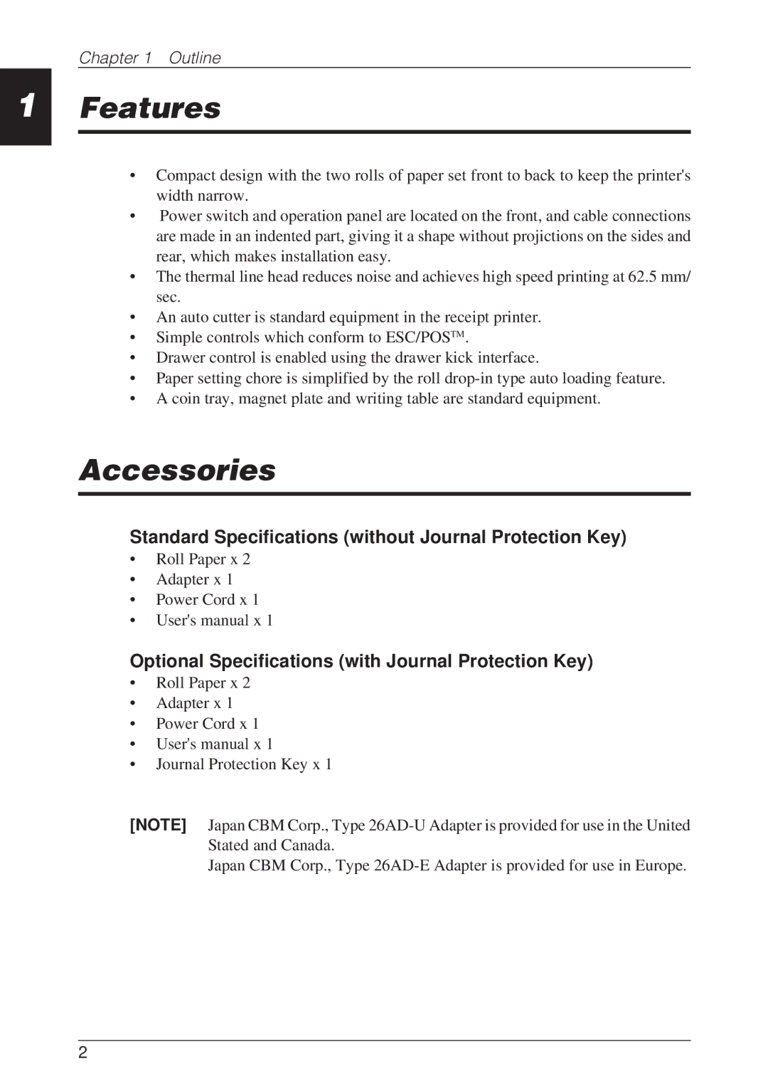 CBM America CBM-262 user manual Features, Accessories, Standard Specifications without Journal Protection Key 