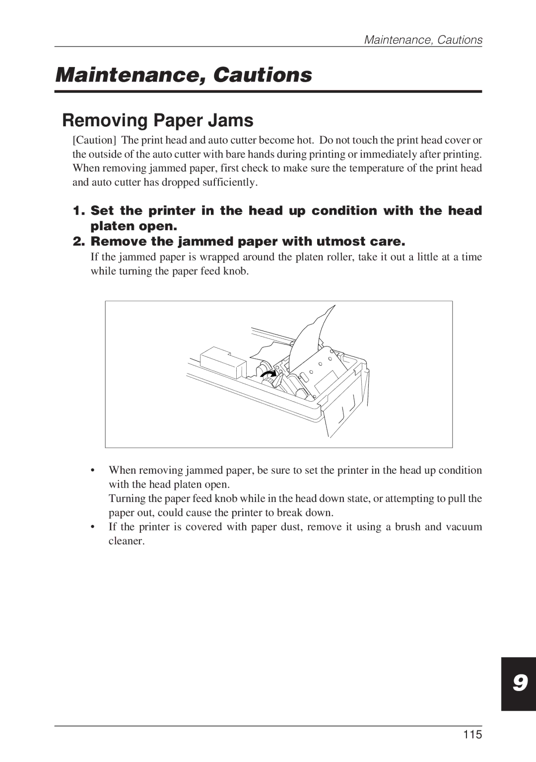 CBM America CBM-262 user manual Maintenance, Cautions, Removing Paper Jams, 115 