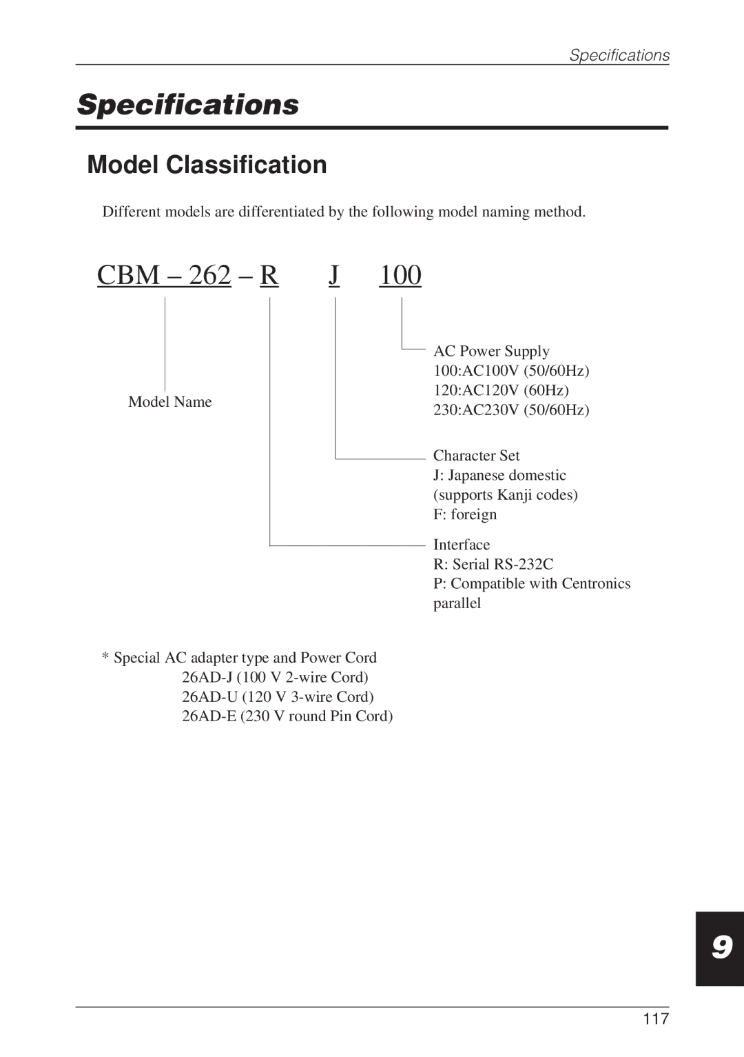 CBM America CBM-262 user manual Specifications, Model Classification, 117 