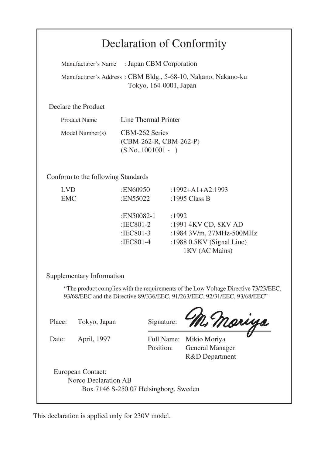 CBM America CBM-262 user manual Declaration of Conformity 