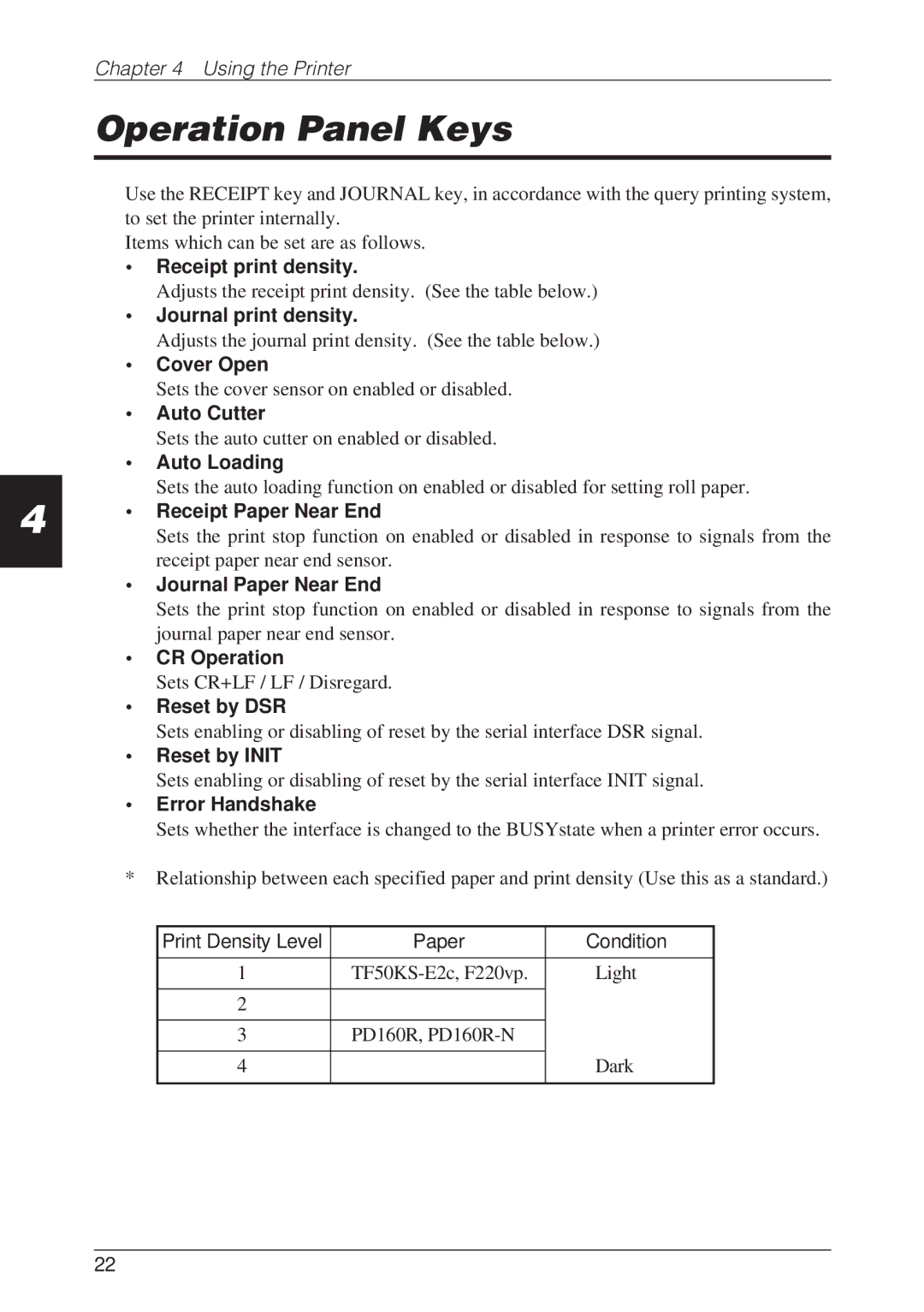 CBM America CBM-262 user manual Operation Panel Keys, Print Density Level Paper Condition 