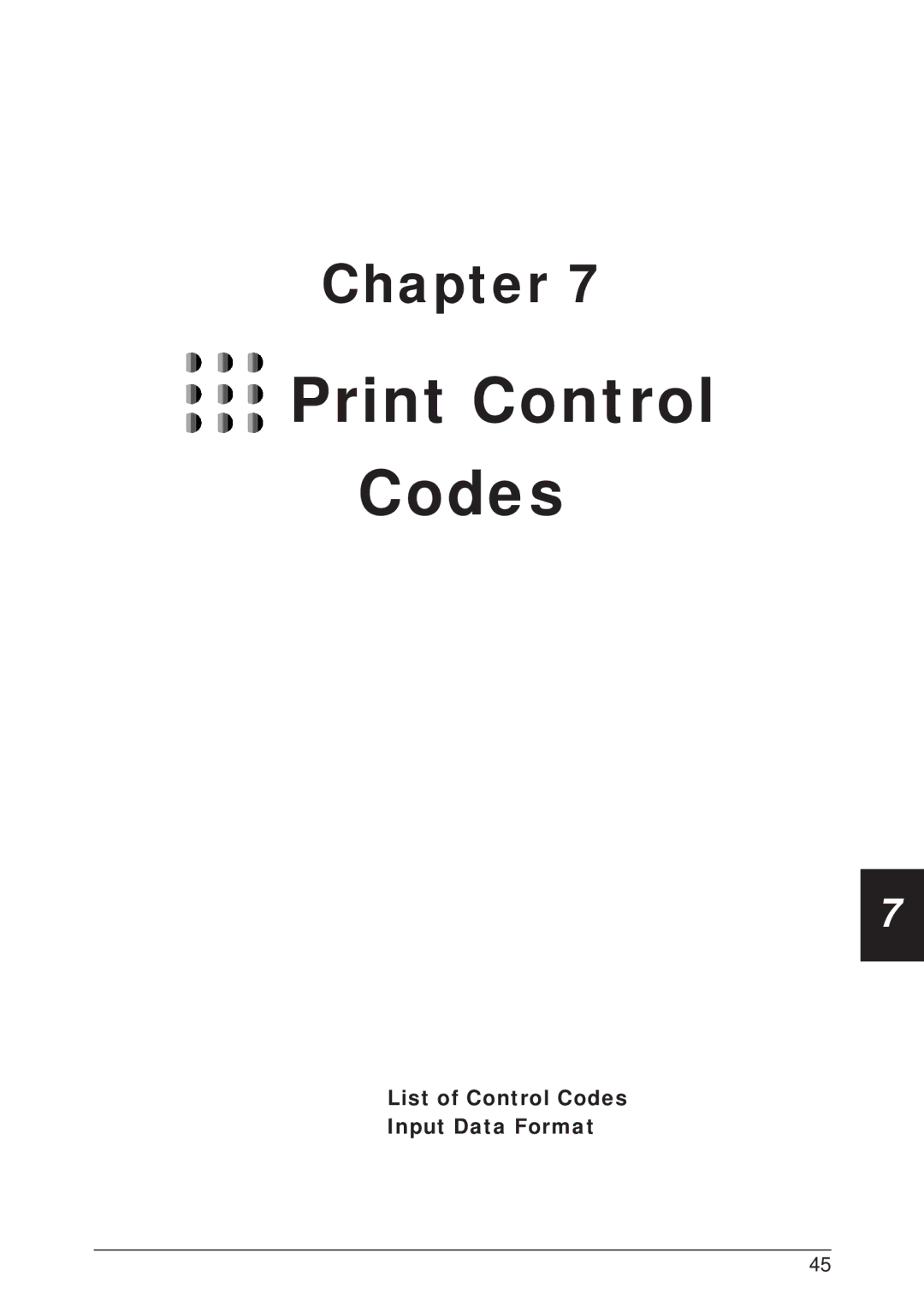 CBM America CBM-262 user manual Print Control Codes, List of Control Codes Input Data Format 