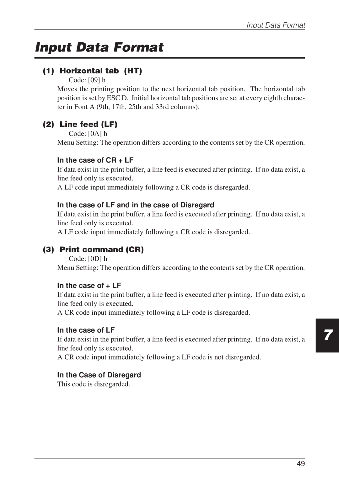 CBM America CBM-262 user manual Input Data Format, Horizontal tab HT, Line feed LF, Print command CR 
