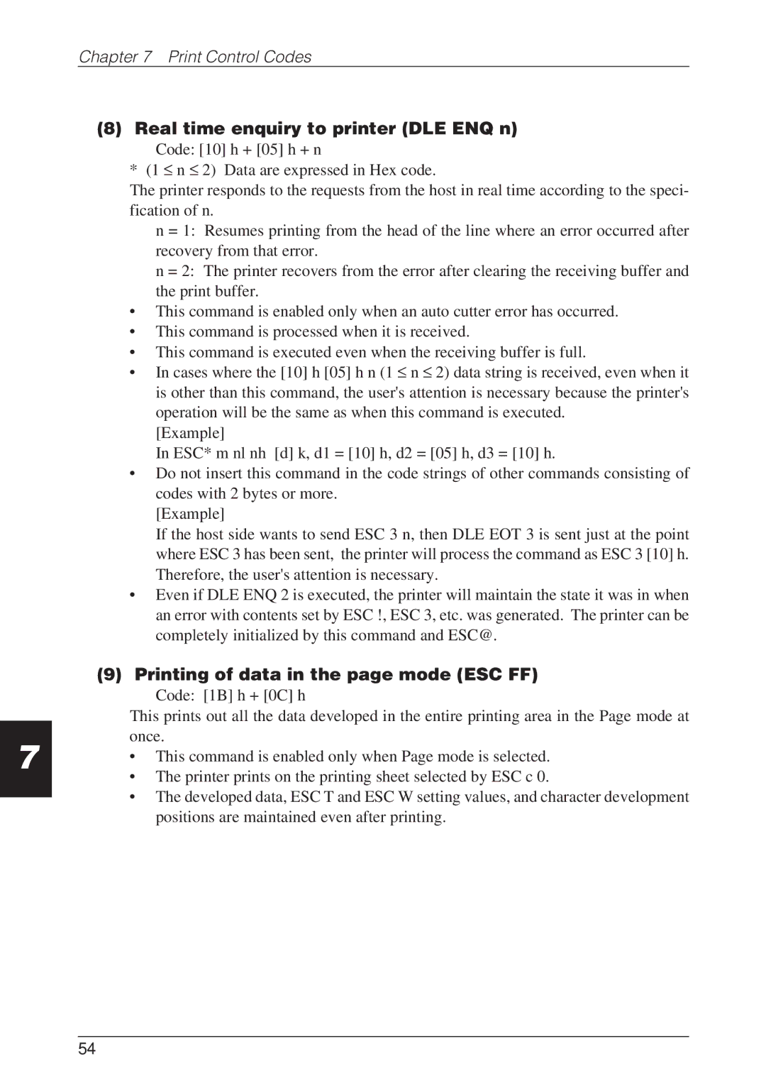 CBM America CBM-262 user manual Real time enquiry to printer DLE ENQ n, Printing of data in the page mode ESC FF 