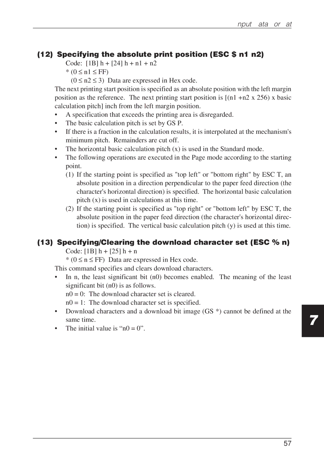 CBM America CBM-262 user manual Specifying the absolute print position ESC $ n1 n2 