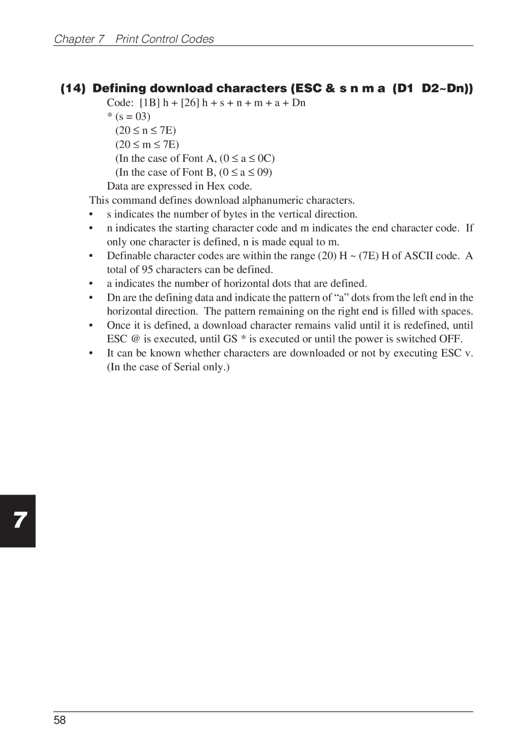 CBM America CBM-262 user manual Defining download characters ESC & s n m a D1 D2~Dn 