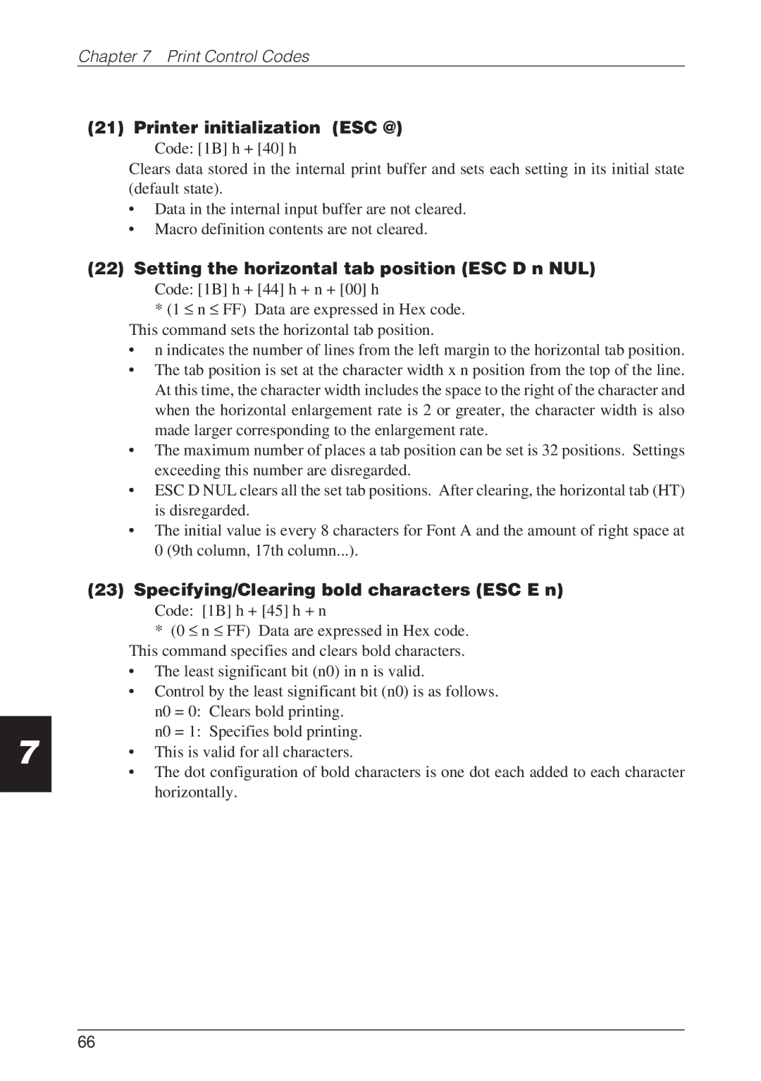 CBM America CBM-262 user manual Printer initialization ESC @, Setting the horizontal tab position ESC D n NUL 