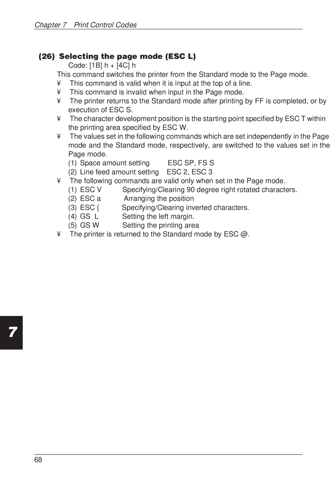 CBM America CBM-262 user manual Selecting the page mode ESC L, Esc Sp, Fs S 