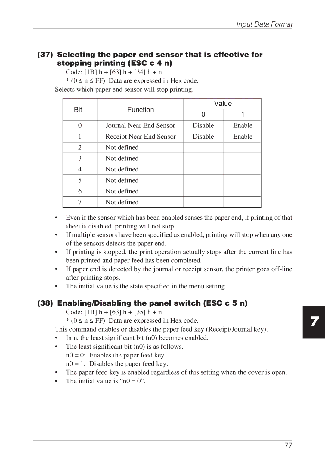 CBM America CBM-262 user manual Enabling/Disabling the panel switch ESC c 5 n 