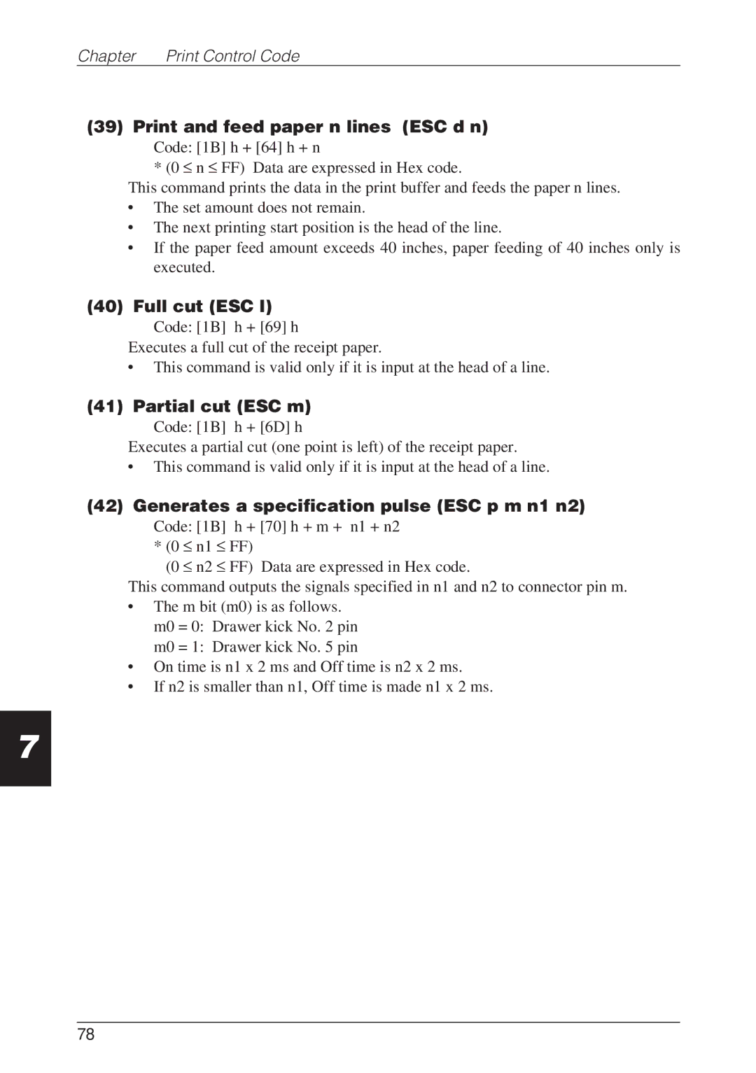 CBM America CBM-262 user manual Print and feed paper n lines ESC d n, Full cut ESC l, Partial cut ESC m 