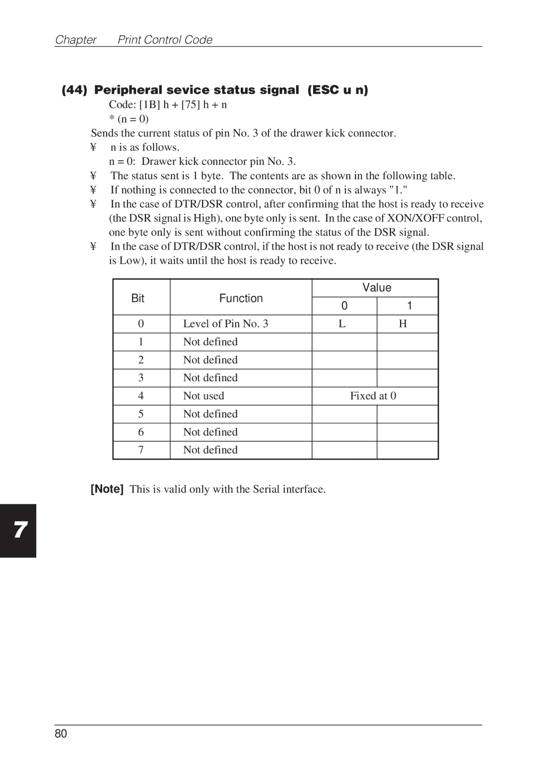 CBM America CBM-262 user manual Peripheral sevice status signal ESC u n, Bit Function Value 