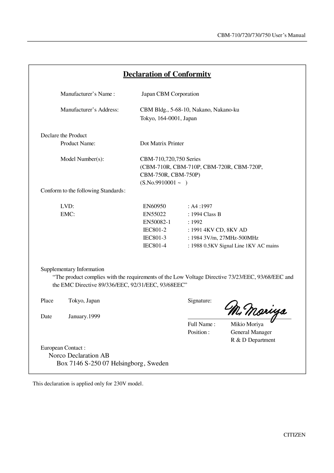 CBM America CBM-720, CBM-710, CBM-750, CBM-730 manual Declaration of Conformity 