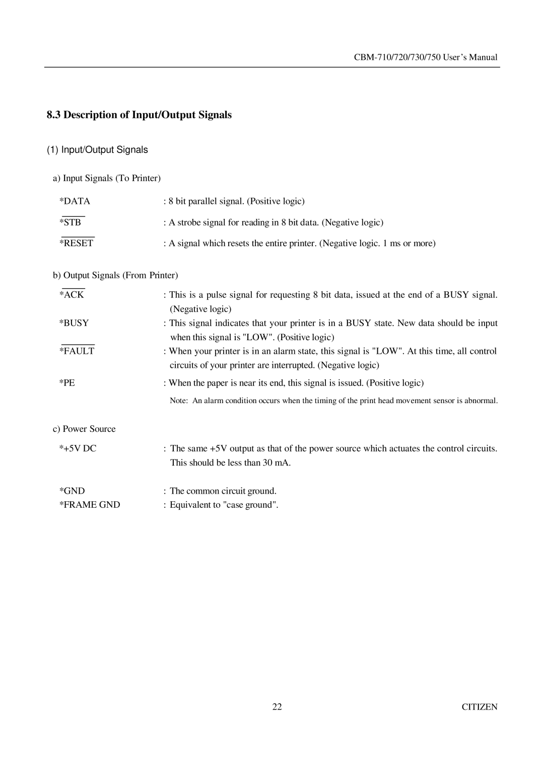 CBM America CBM-710, CBM-750, CBM-720, CBM-730 manual Description of Input/Output Signals 