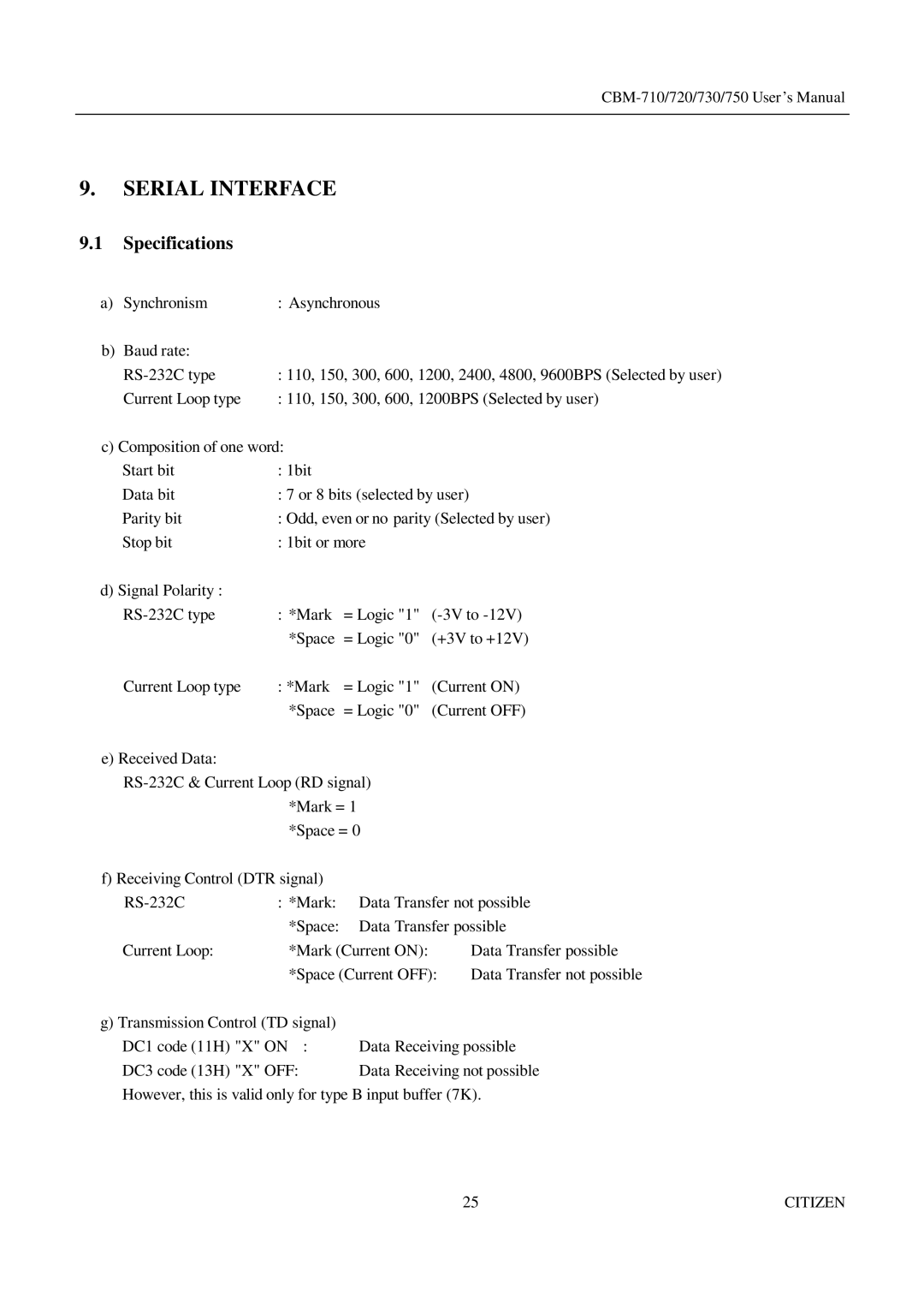 CBM America CBM-730, CBM-710, CBM-750, CBM-720 manual Serial Interface, Specifications 