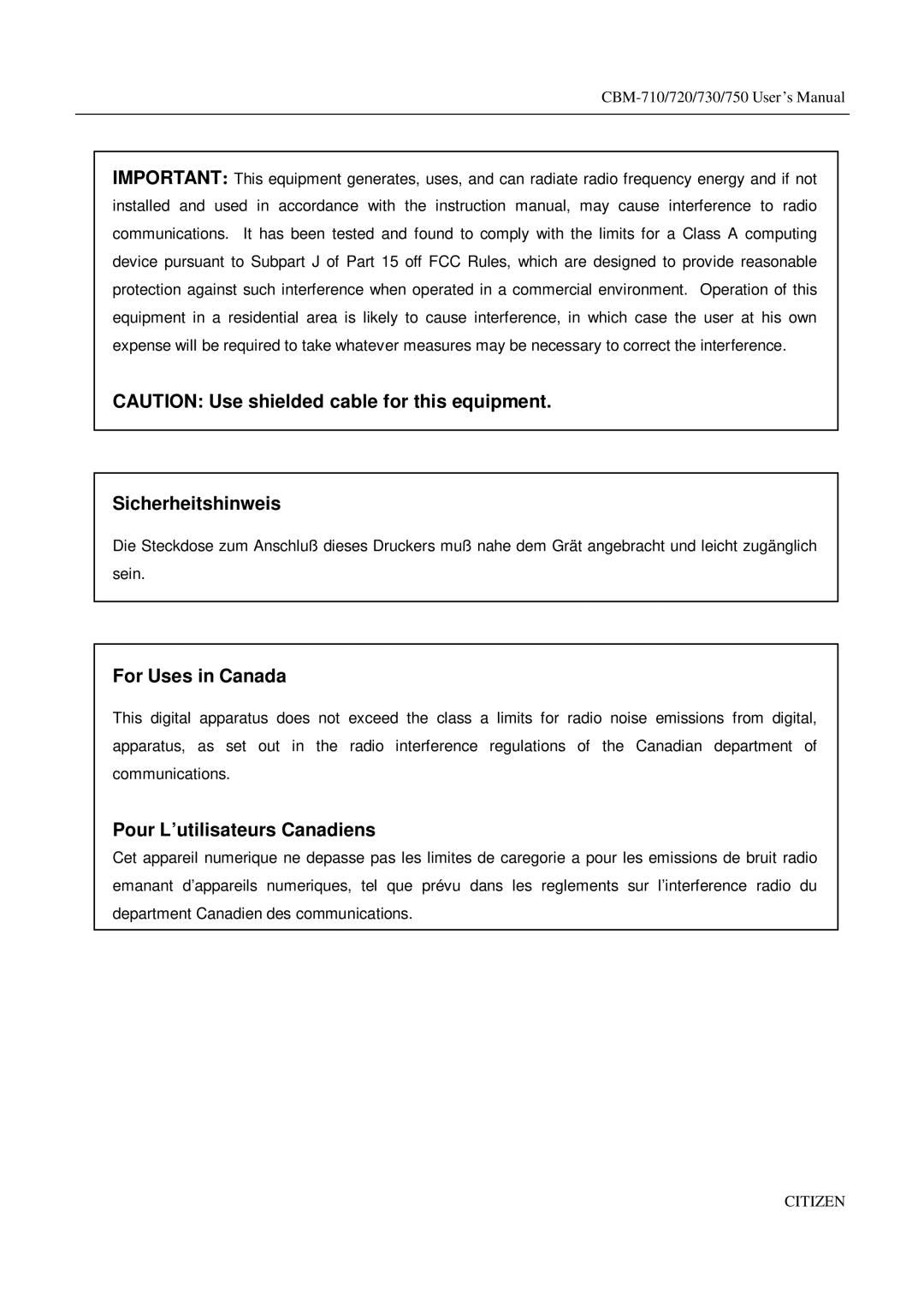 CBM America CBM-710, CBM-750, CBM-720, CBM-730 manual Sicherheitshinweis 