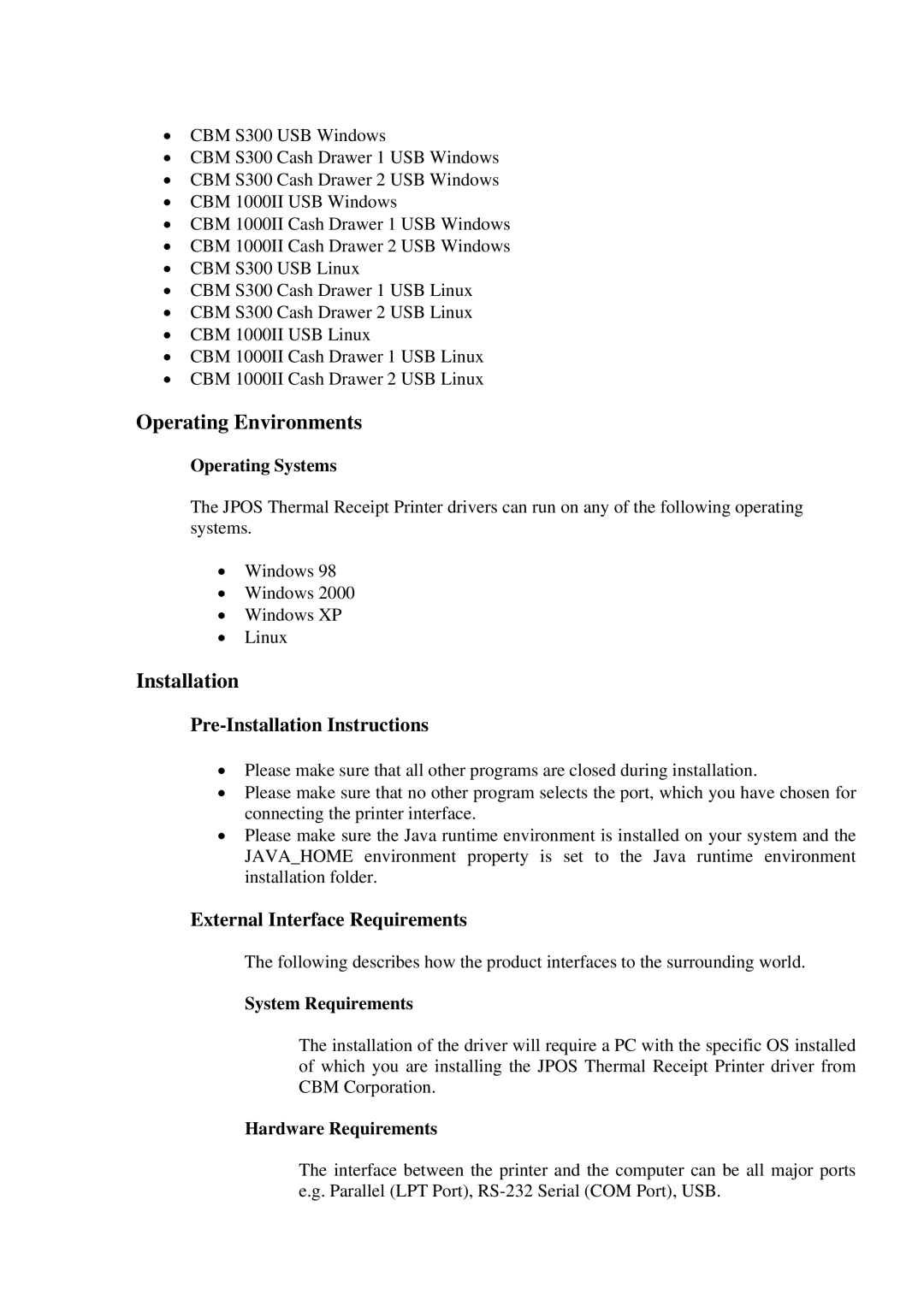 CBM America CBM-S300 Operating Environments, Installation, Operating Systems, System Requirements, Hardware Requirements 