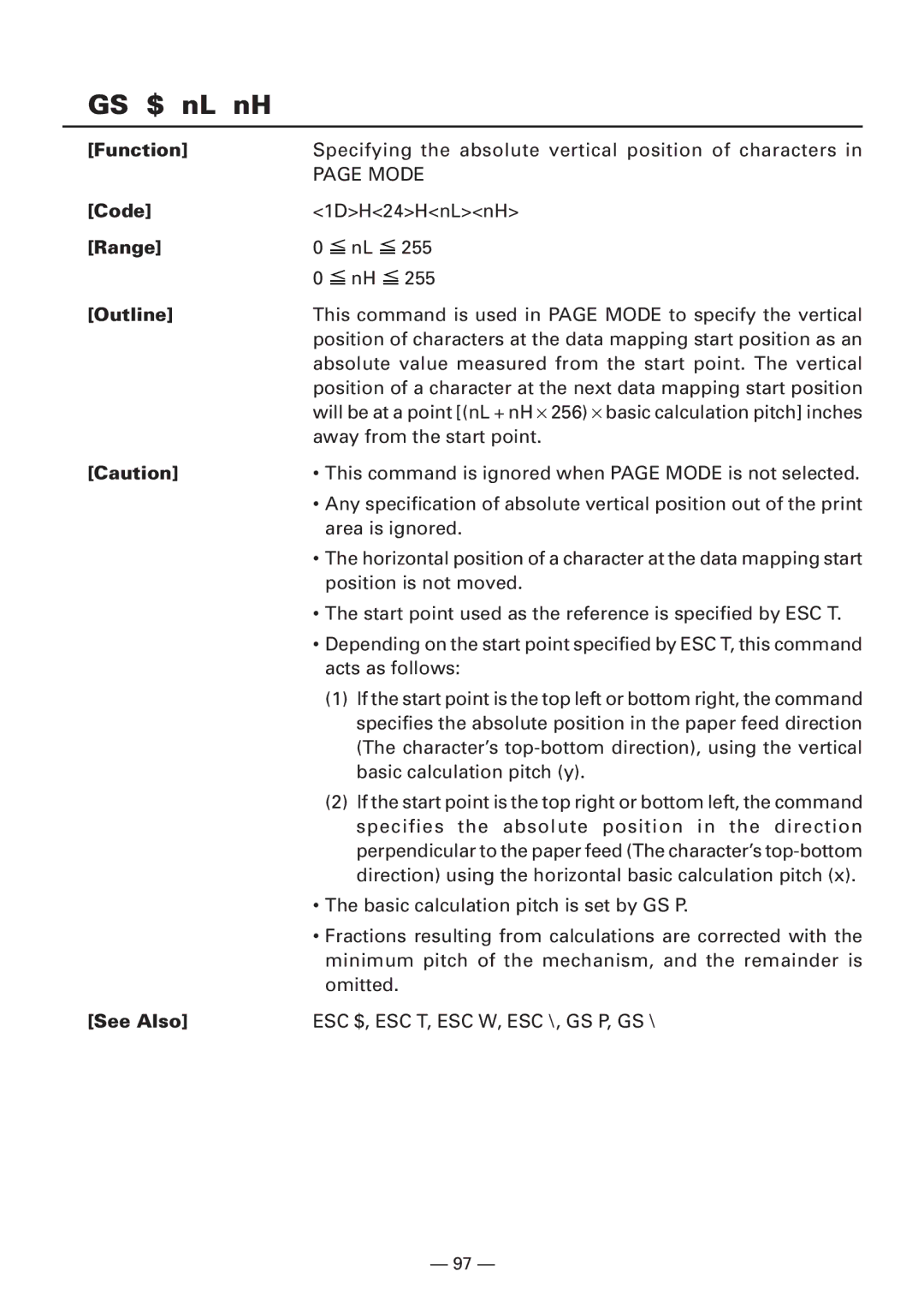 CBM America iDP3240 manual GS $ nL nH, See Also ESC $, ESC T, ESC W, ESC \, GS P, GS 