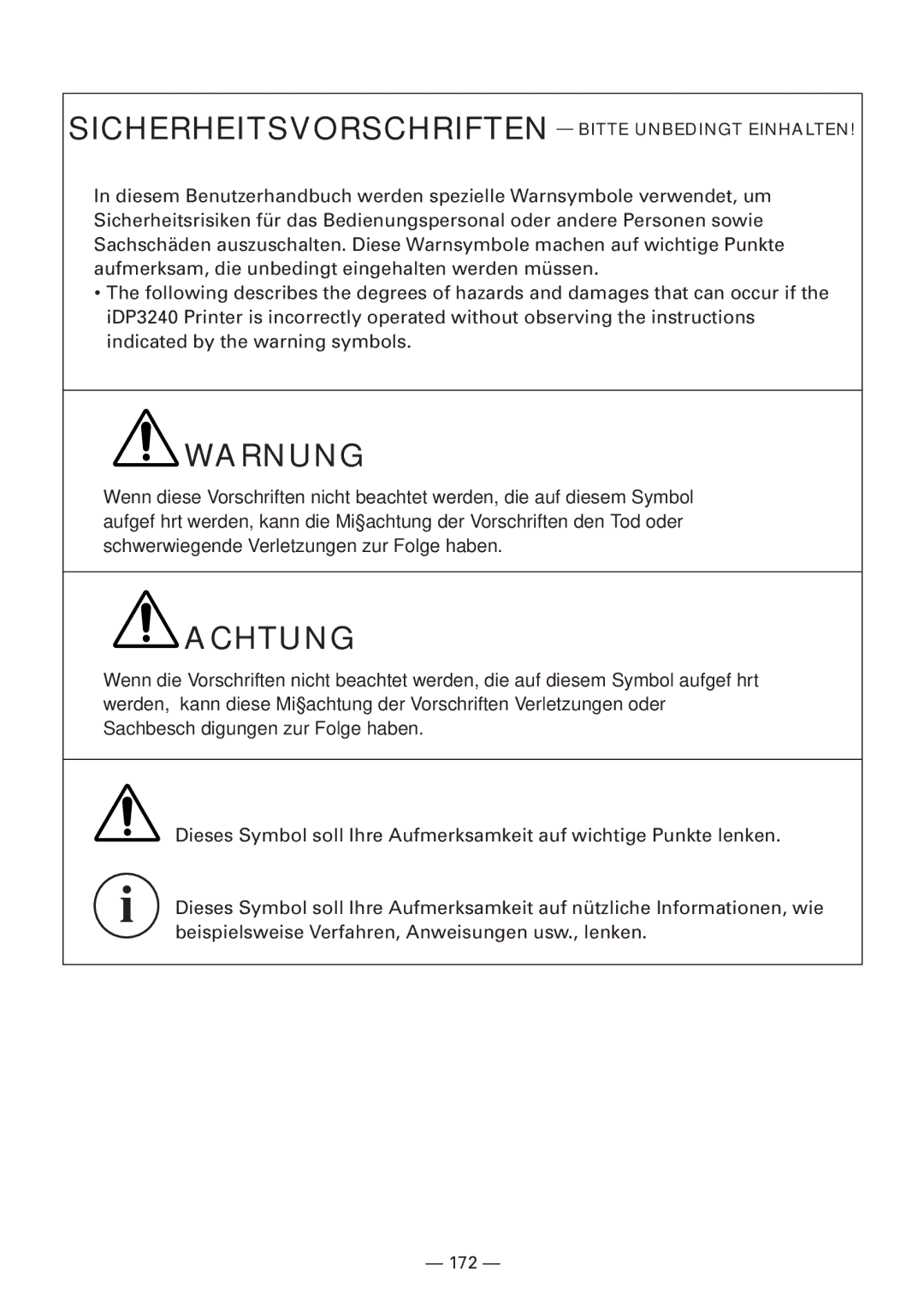 CBM America iDP3240 manual Warnung 