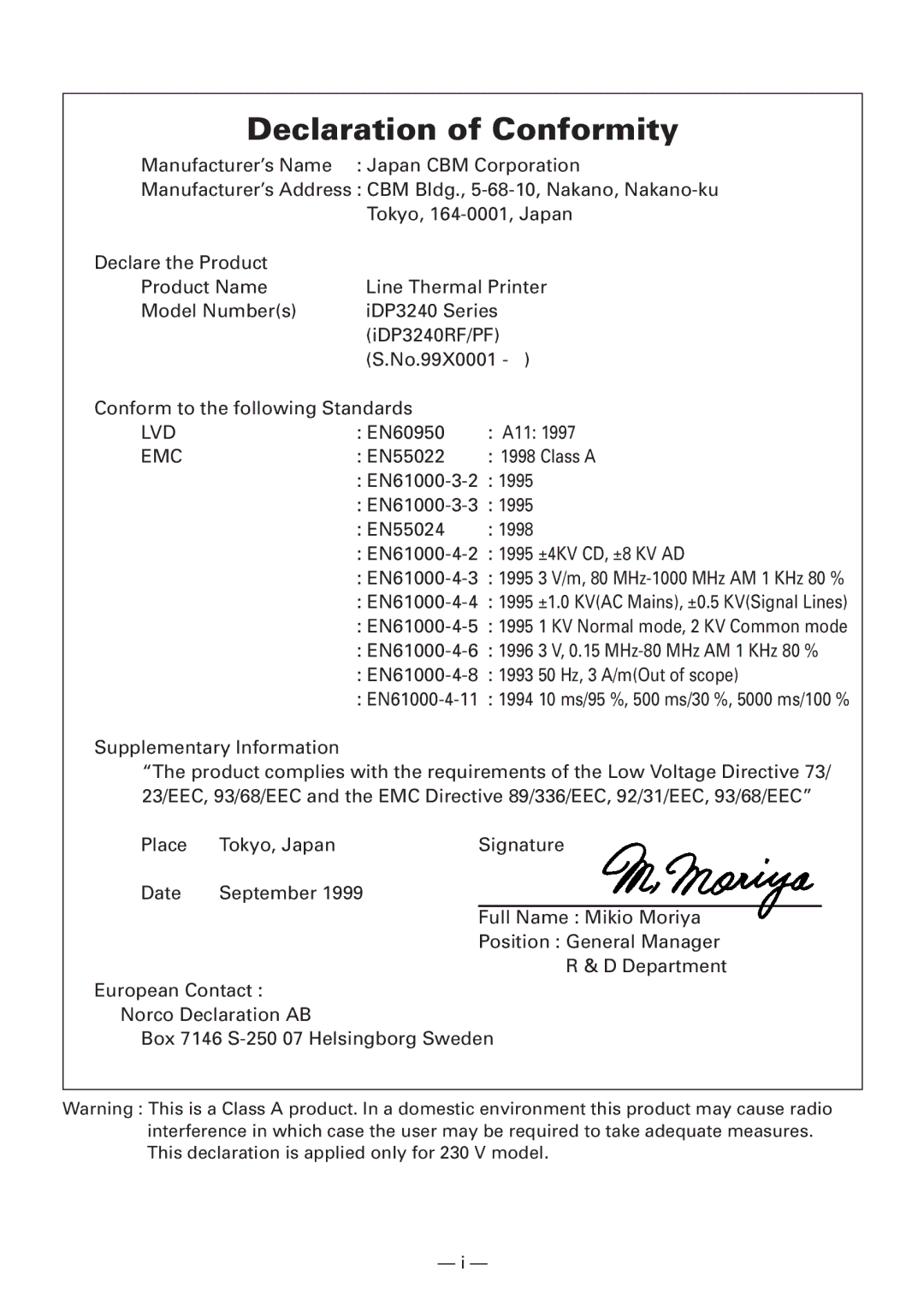 CBM America iDP3240 manual Declaration of Conformity 