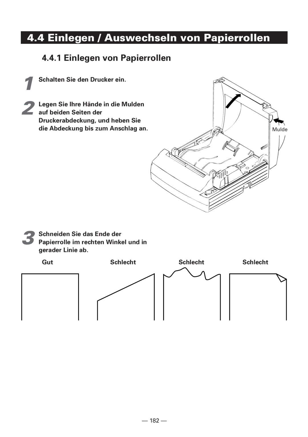 CBM America iDP3240 manual Einlegen / Auswechseln von Papierrollen, Einlegen von Papierrollen 