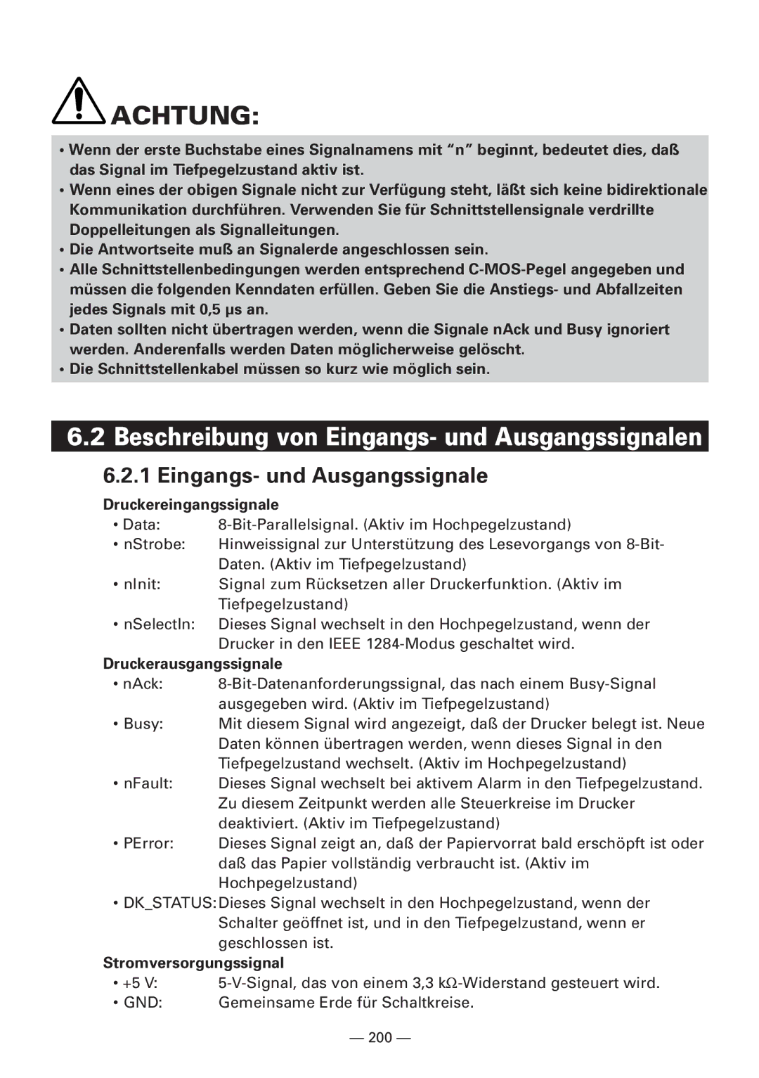 CBM America iDP3240 Eingangs- und Ausgangssignale, Druckereingangssignale, Druckerausgangssignale, Stromversorgungssignal 