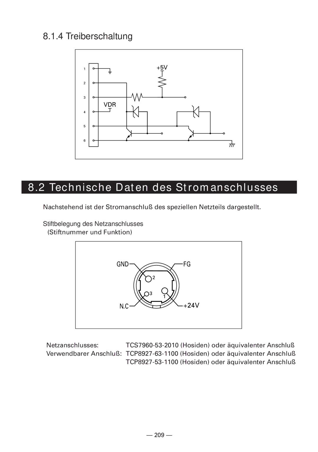 CBM America iDP3240 manual Technische Daten des Stromanschlusses, Treiberschaltung, Stiftbelegung des Netzanschlusses 