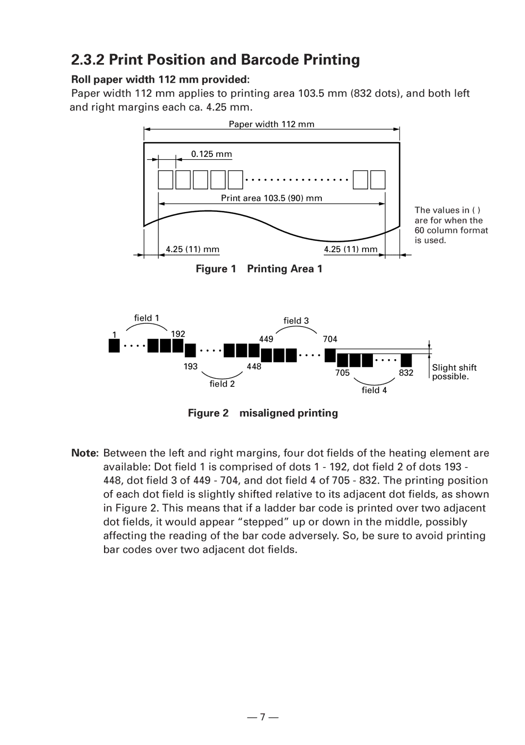 CBM America iDP3240 manual Print Position and Barcode Printing, Roll paper width 112 mm provided 